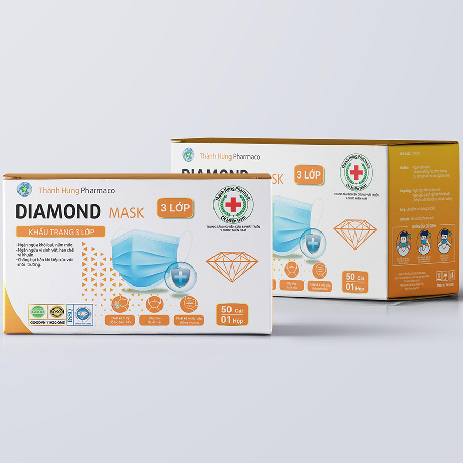 Khẩu Trang Y Tế Kháng Khuẩn Diamond Mask 3 Lớp (Hộp 50 Cái)