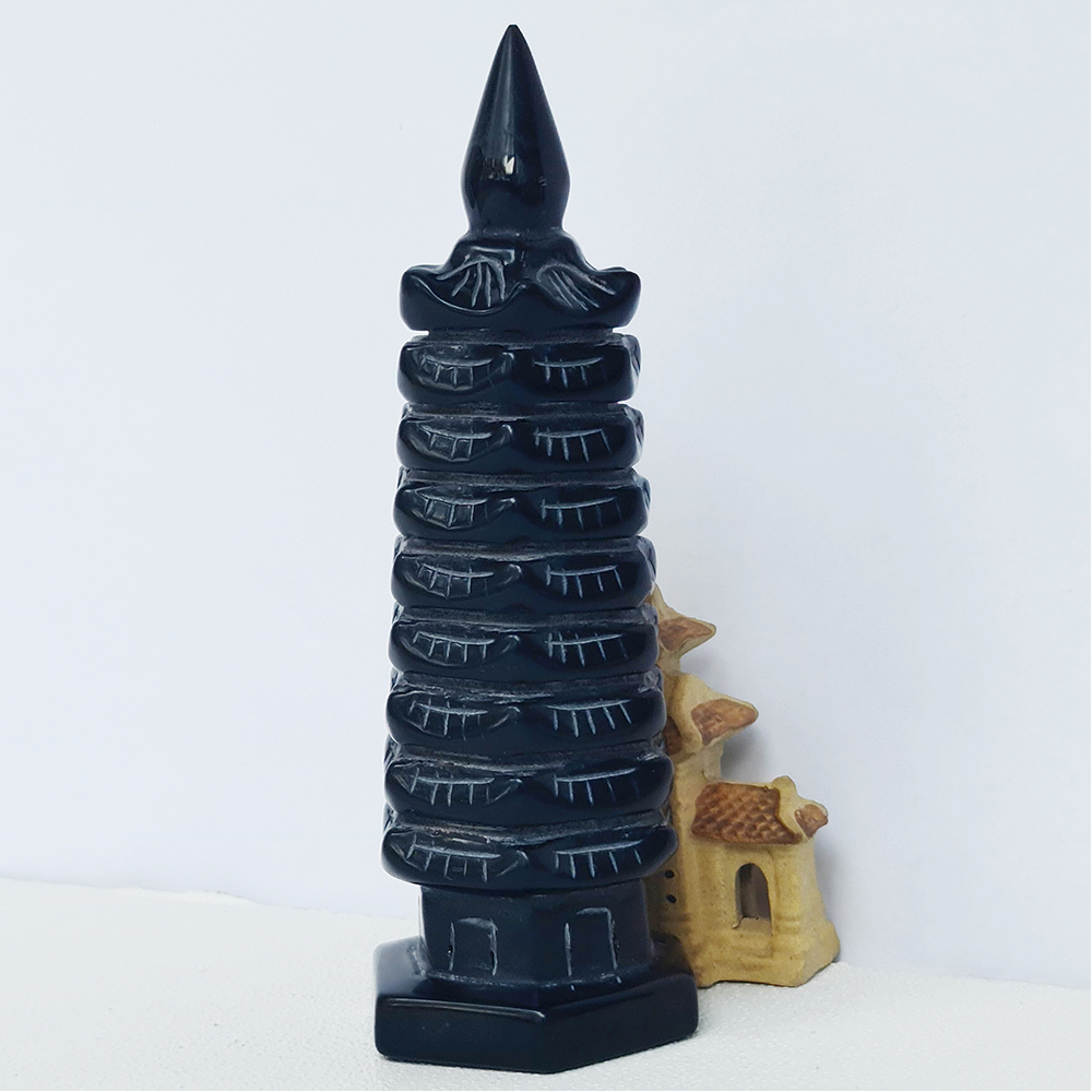Tháp Văn Xương Đá Obsidian Đen - Núi Lửa Đen 9 tầng - Mx - 16cm - Hợp Mệnh Mộc, Thuỷ