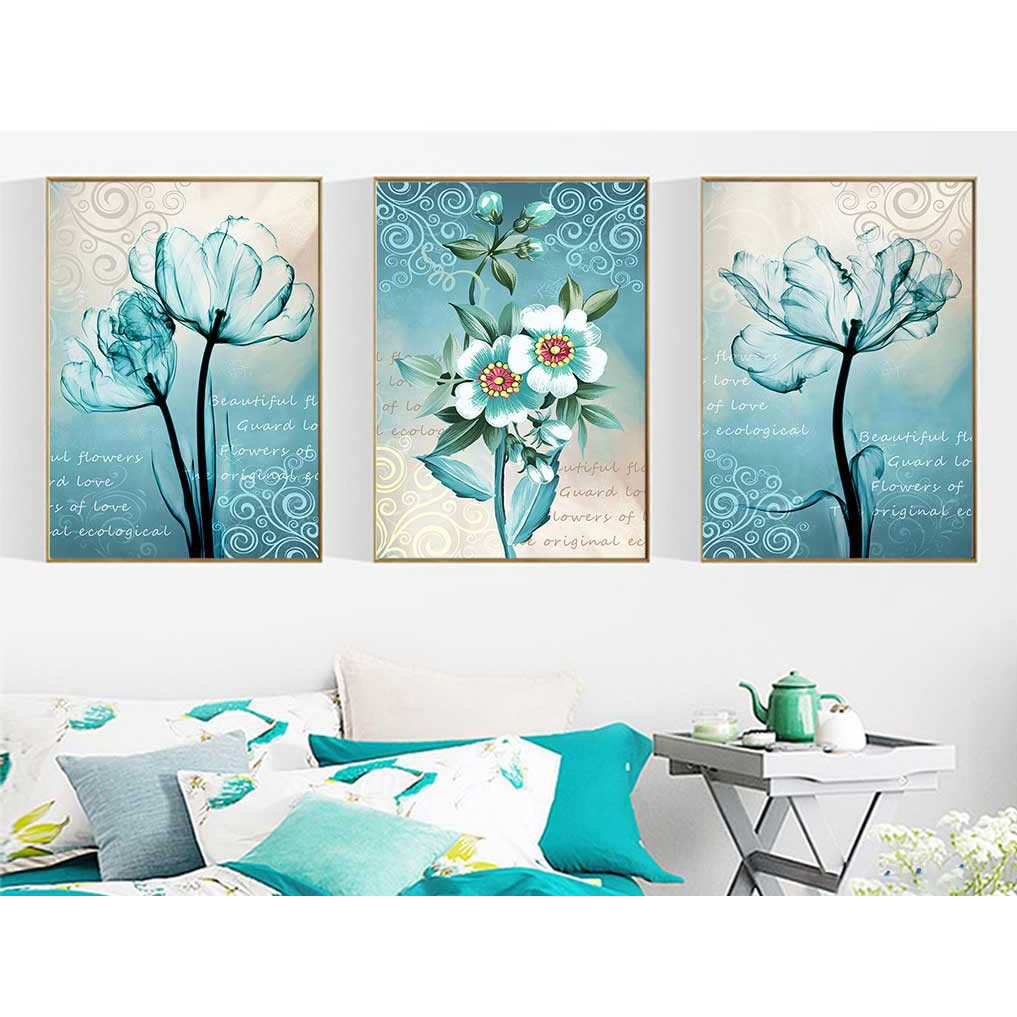 Set 3 tranh canvas hoa xanh dương cuốn hút HO0118