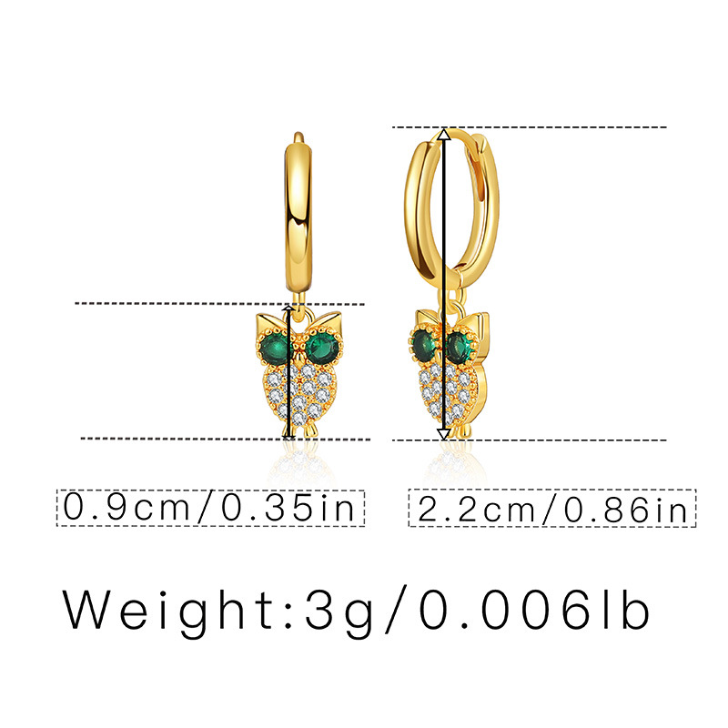 Bông tai zircon thiết kế con cú bông tai động vật nhỏ bông tai mặt dây chuyền nhỏ vàng 18K tinh tế