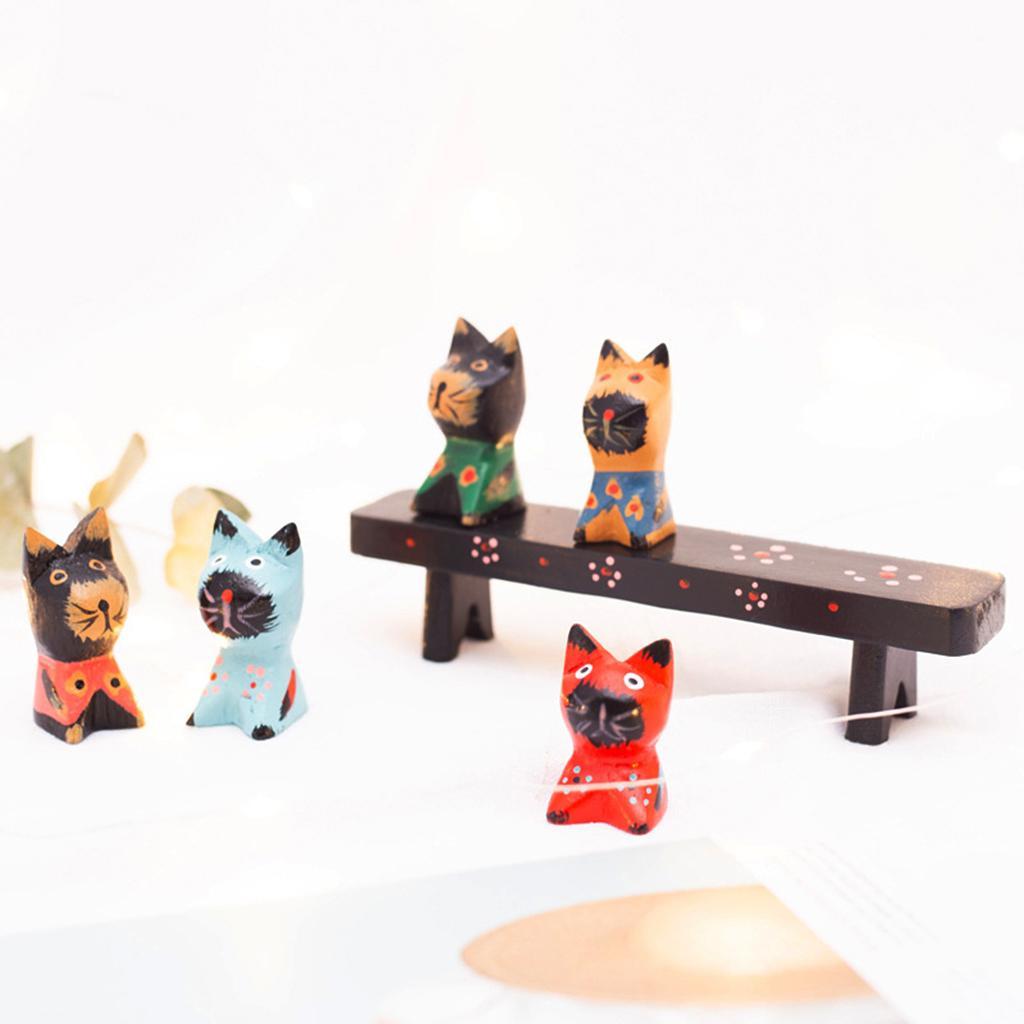 Wooden Cat Figurine Fairy Garden Statue Miniature Cat Figures Ornament Decor