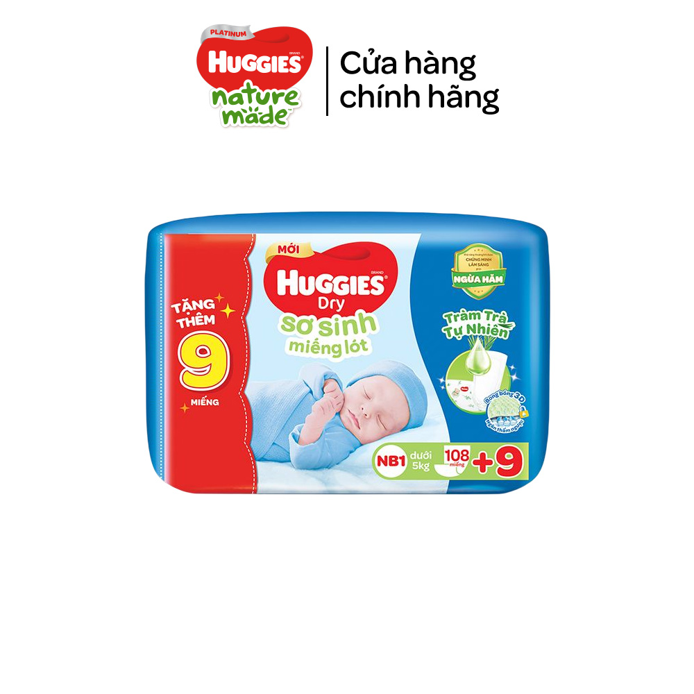 [Tặng kèm miếng] Miếng lót Sơ Sinh Huggies Tràm Trà NB1 64 miếng và 108 miếng