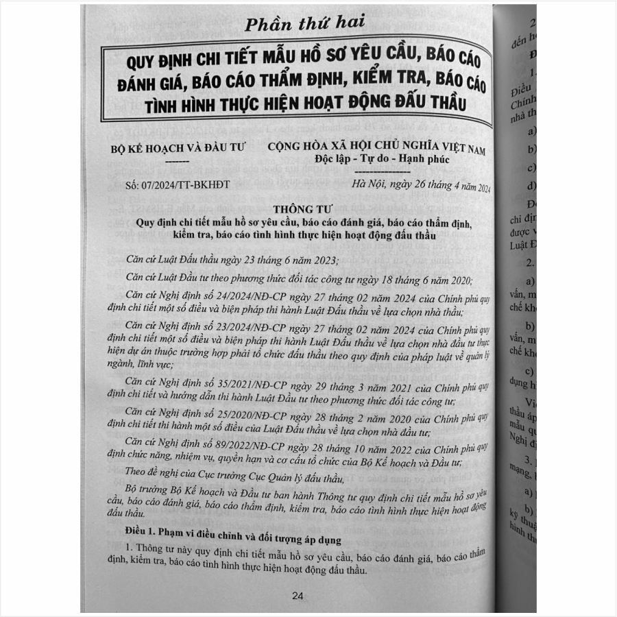 Sách Hướng Dẫn Cung Cấp, Đăng tải Thông Tin Về Lựa Chọn Nhà Thầu và Mẫu Hồ Sơ Đấu Thầu Trên Hệ Thống Mạng Đấu Thầu Quốc Gia - Thông tư 06/2024/TT-BKHĐT, Thông tư số 07/2024/TT-BKHĐT (V2420D)