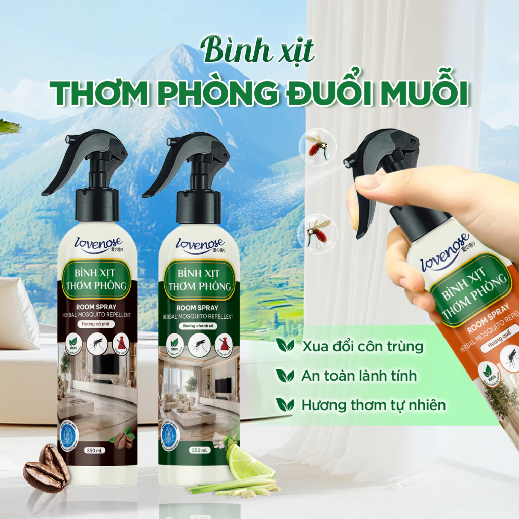 Xịt thơm phòng đuổi muỗi Lovenose đuổi côn trùng chiết xuất từ tinh dầu tự nhiên lành tính, khử mùi phòng 350ml