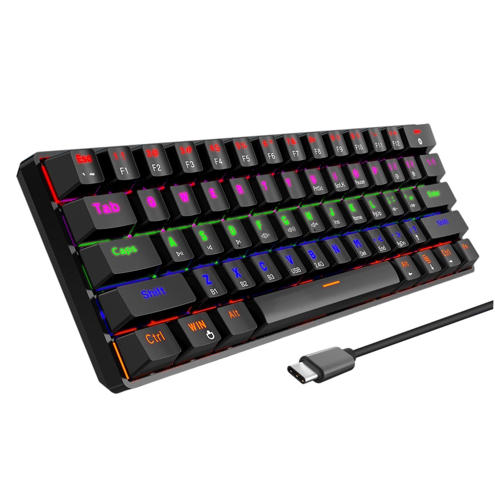 Bluetooth Mechanical Gaming Keyboard 61-Key USB-C Wired for PC Typists Black