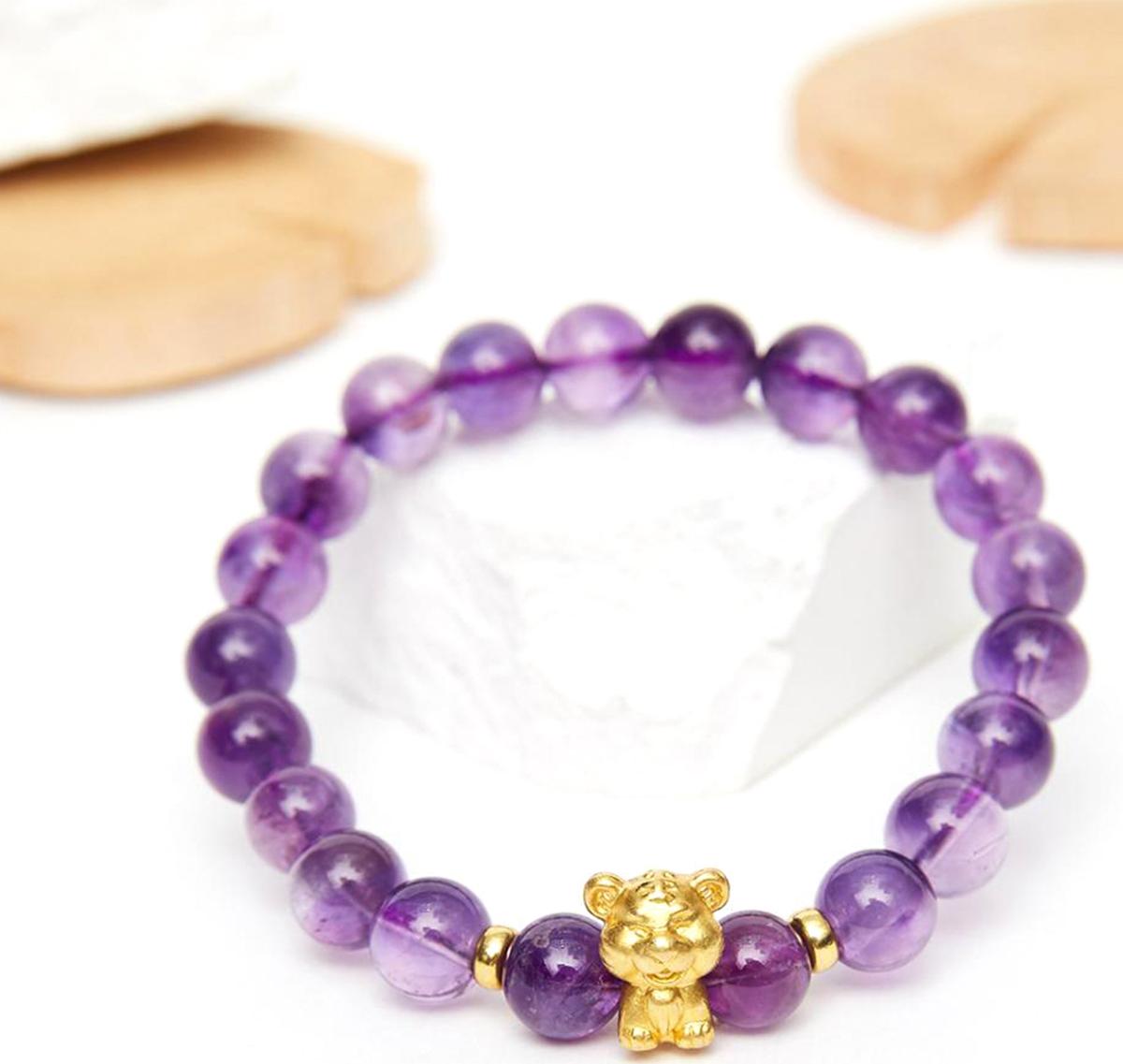 Vòng tay đá thạch anh tím charm tuổi dần bạc mạ vàng 24K 8mm mệnh hỏa, thổ - Ngọc Quý Gemstones
