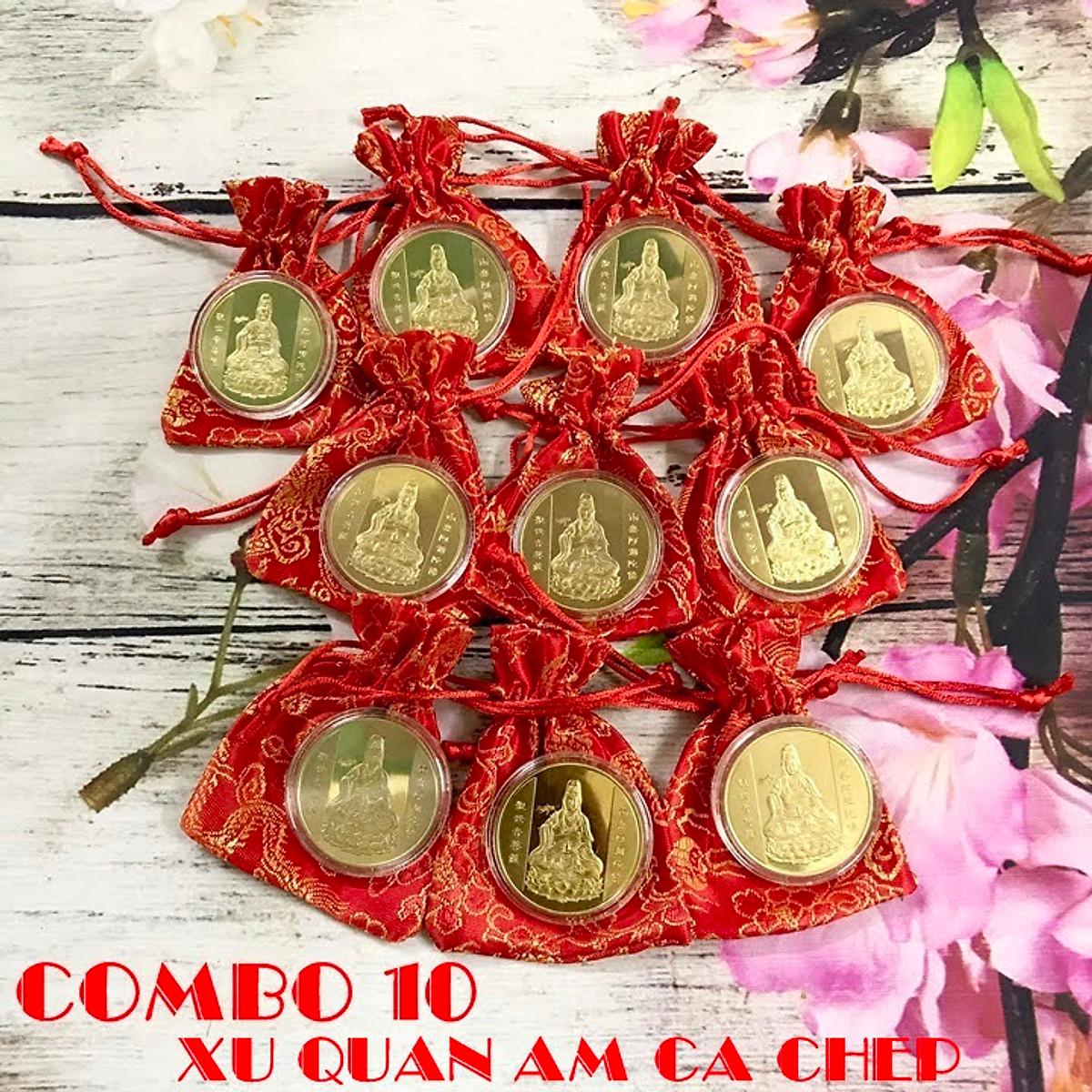 Combo 10 xu Quan Âm màu vàng Cá Chép tặng kèm túi gấm , dùng để làm quà tặng, biếu - ECOINS