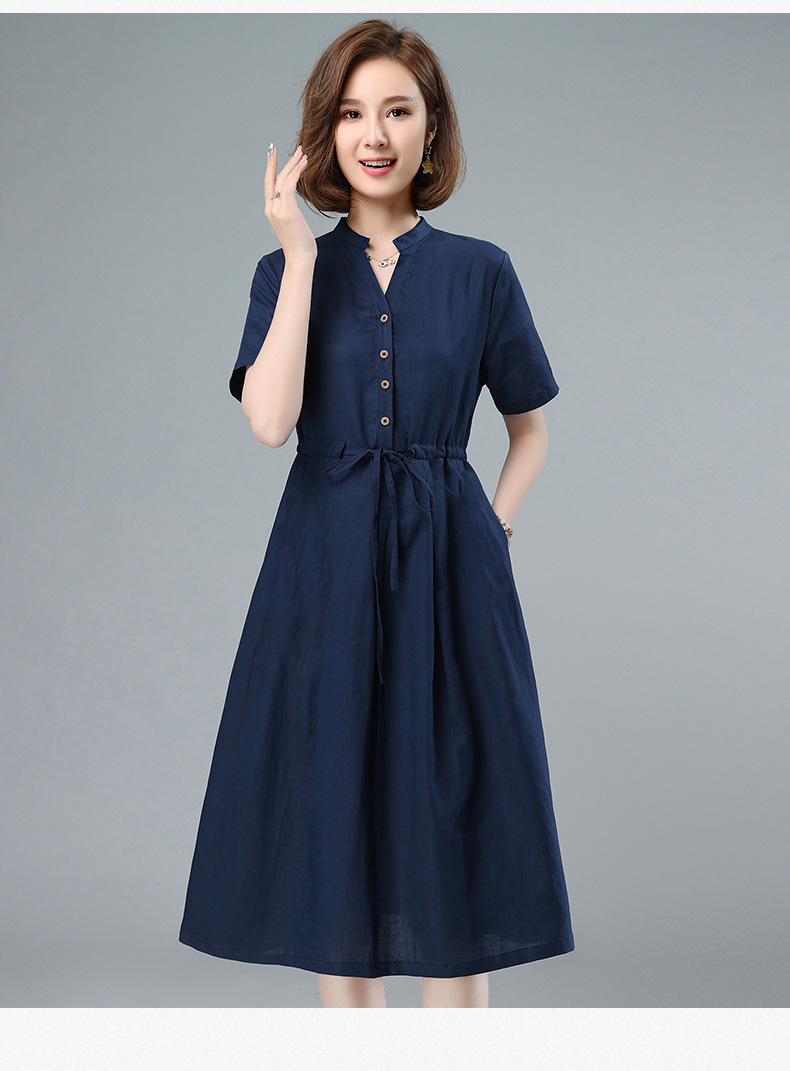 Đầm suông cổ tròn, chất liệu linen mặc dề chịu có dây thắt eo màu xanh đen da160