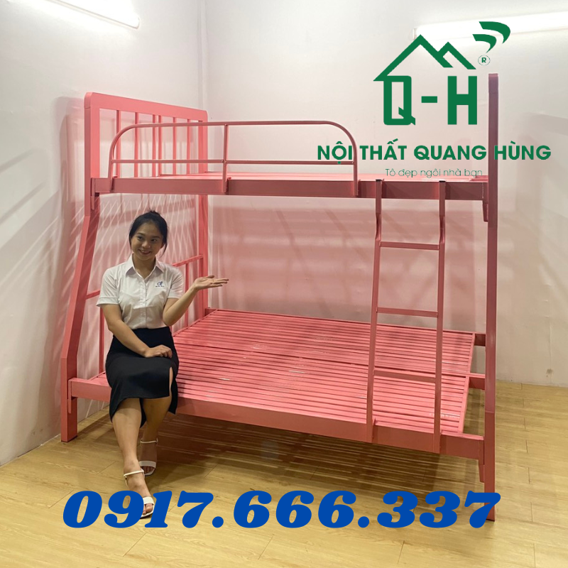 GIƯỜNG TẦNG SẮT HỘP 4X8 MÀU HỒNG SIZE 1M4X1M6 DÀNH CHO GIA ĐÌNH