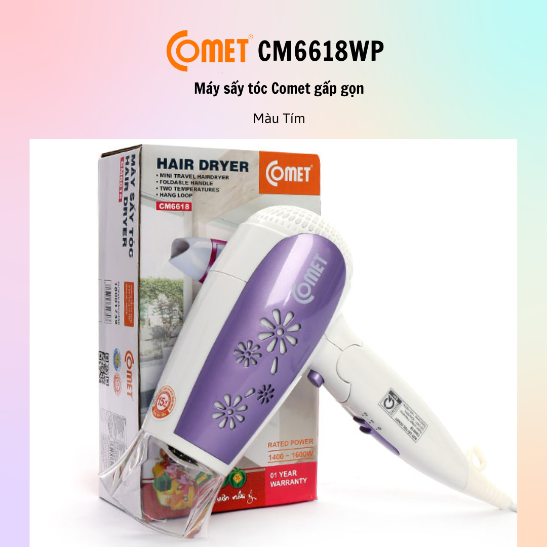 Máy sấy tóc gấp gọn 1600W COMET CM6618 - Hàng Chính Hãng - Bảo Hành 12 Tháng