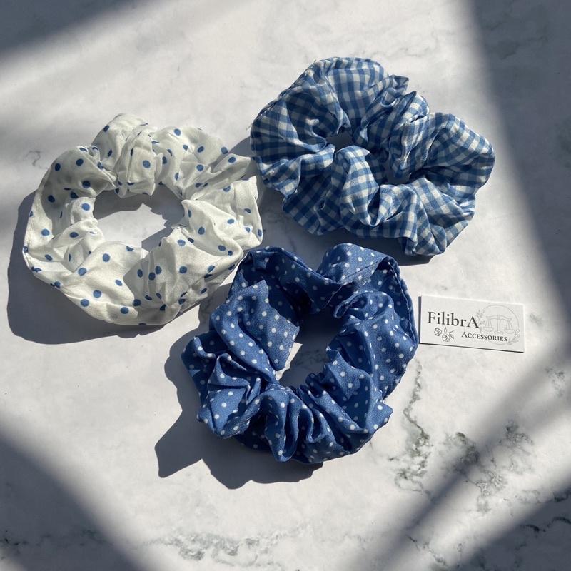 Dây buộc tóc scrunchies vải họa tiết xanh chấm bi, sọc caro phong cách Ulzzangs, phụ kiện tóc CT006 - Filibra