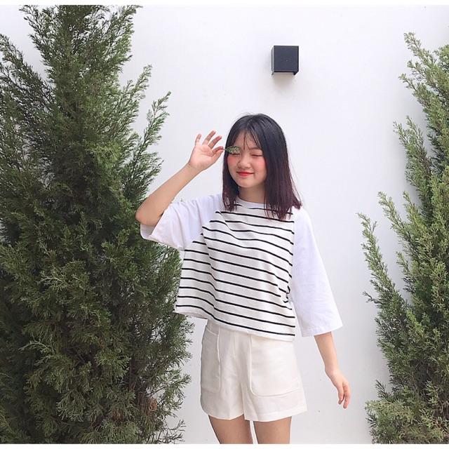 Áo thun sọc tay raplan Croptop Freesize - TP492