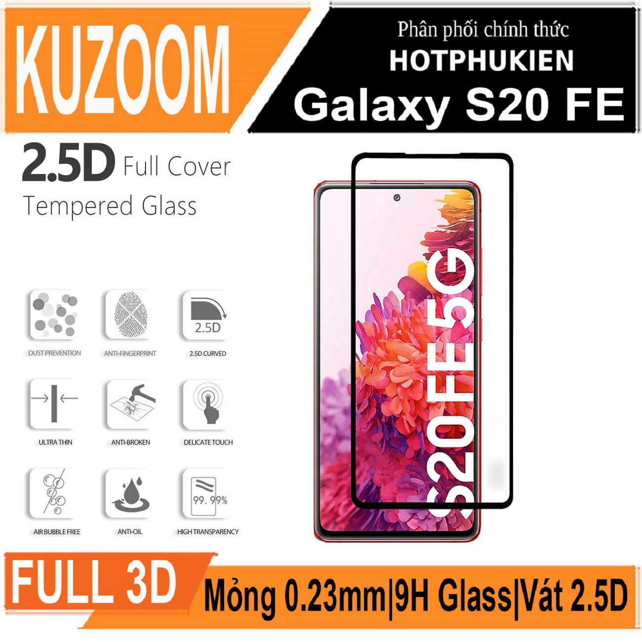 Miếng dán kính cường lực 3D cho Samsung Galaxy S20 FE full màn hình 3D hiệu Kuzoom Protective Glass - mỏng 0.3mm, vát cạnh 2.5D, độ cứng 9H, viền cứng mỏng - Hàng nhập khẩu