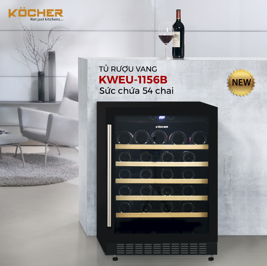 Tủ ướp, bảo quản rượu vang thương hiệu Kocher. Model KWEU-1156B Dung tích 135L (Sức chứa: 54 chai) - Hàng Chính Hãng