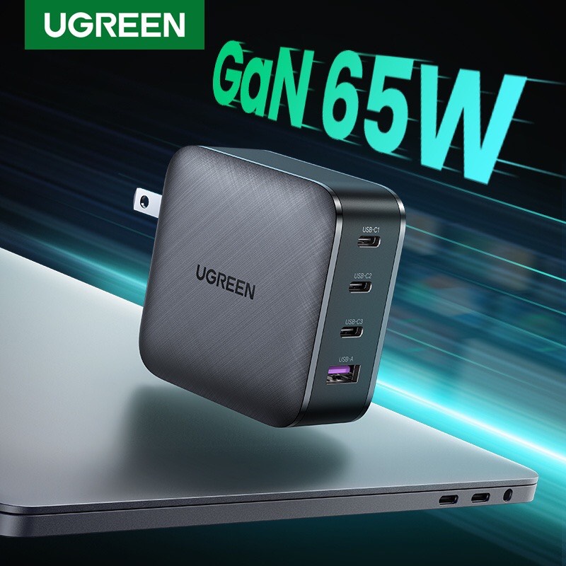 Sạc nhanh điện thoại 3 cổng USB-C và 1 USB hỗ trợ GaN 65W màu đen Ugreen (70774) hàng chính hãng