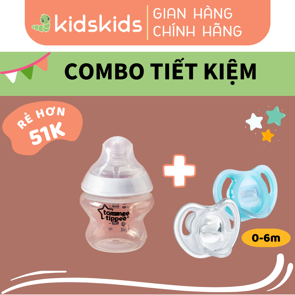 COMBO Ty ngậm silicon siêu nhẹ Tommee Tippee Ultra Light 0-6 tháng &amp; Bình sữa ty siêu mềm tự nhiên Tommee Tippee 150ml