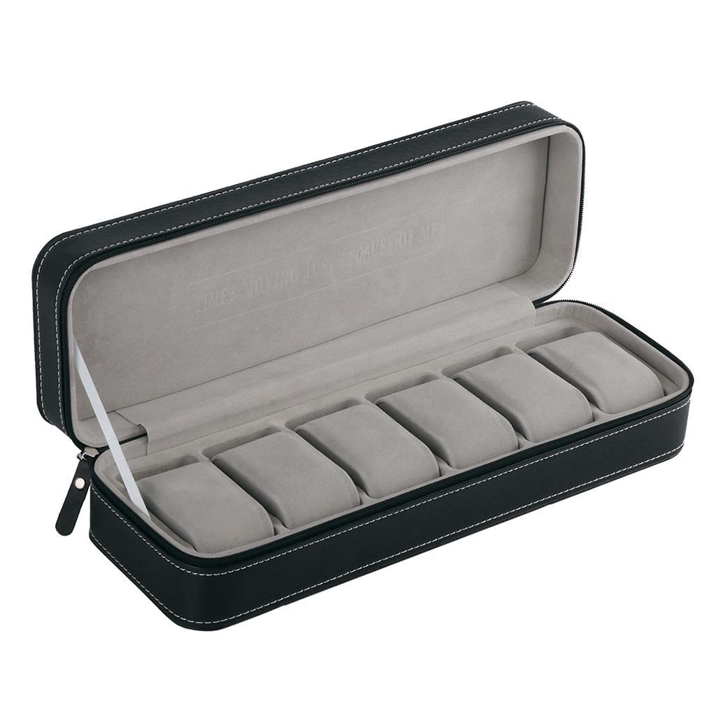 Prettyia Black PU Leather Watch Display Storage 6 Sot Travel Zipper Case