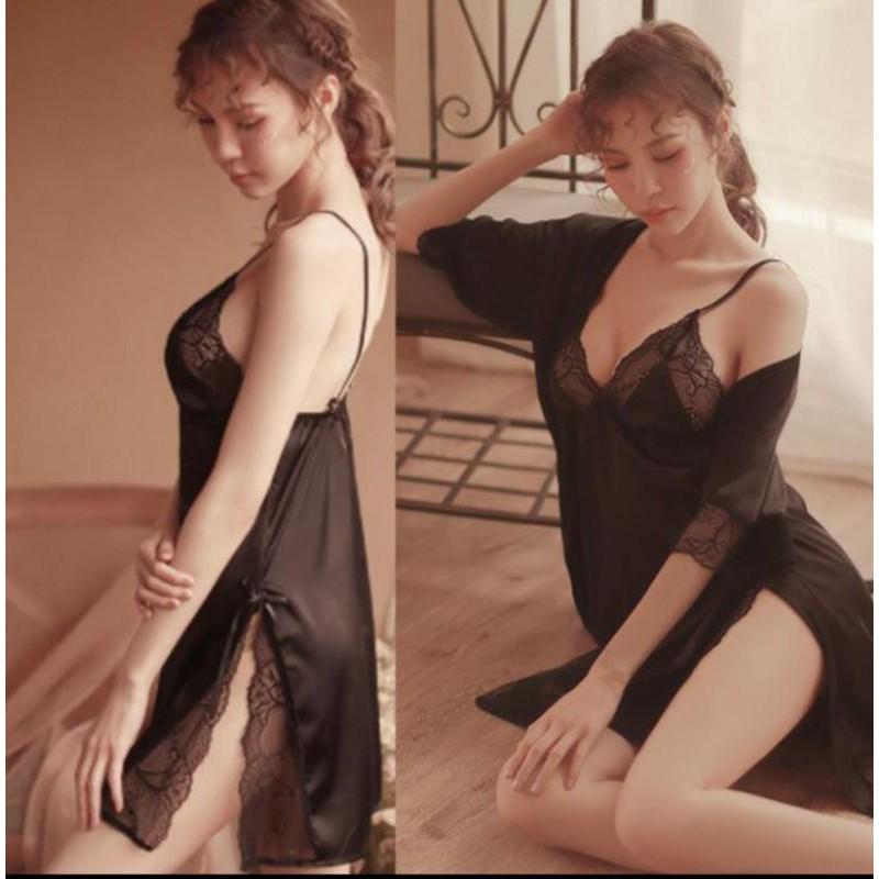 Hình ảnh Váy ngủ lụa sexy hai dây phối ren xẻ tà tặng kèm chip