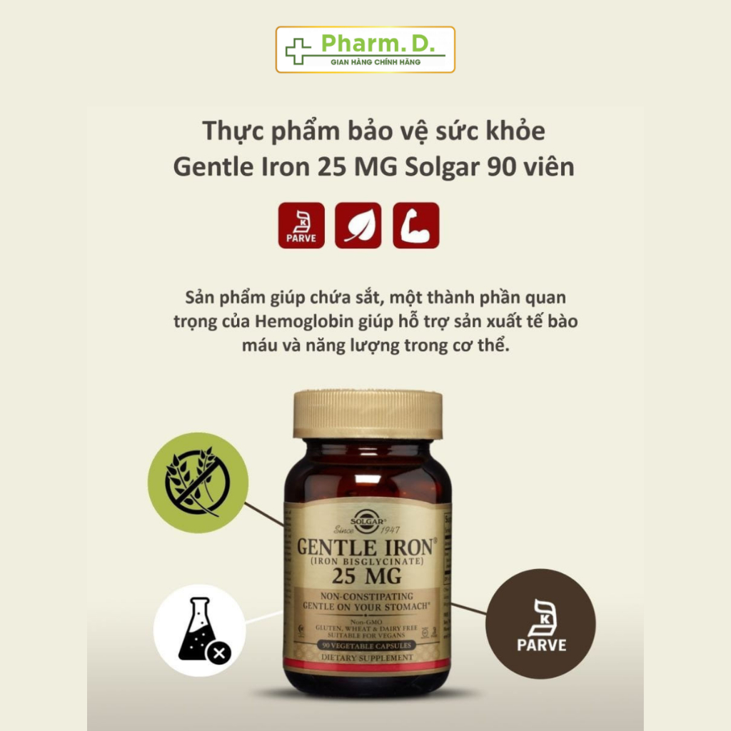 Viên Uống Solgar Gentle Iron 25mg Bổ Sung Sắt, Bổ Máu, Tăng Cường Tế Bào Hồng Cầu, Hỗ Trợ Sức Khỏe Phụ Nữ Mang Thai