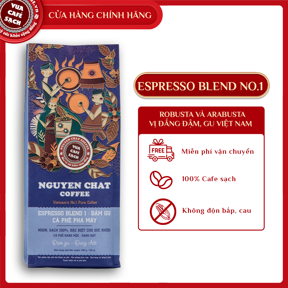 Cà phê ESPRESSO BLEND No.1 dạng hạt nguyên chất phong cách Ý, mùi hương thơm nồng, vị đậm đà hậu kéo dài - 250g