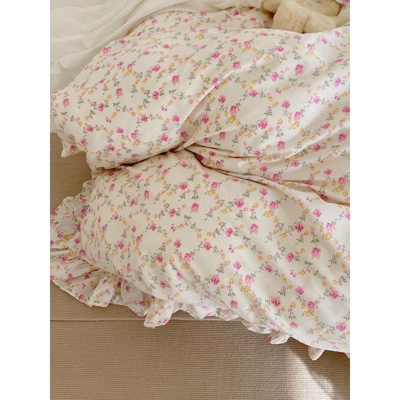 Bộ Chăn Ga Cotton 100% Phong Cách Hàn vintage Hàng Nhập Khẩu Cao Cấp 4 Món
