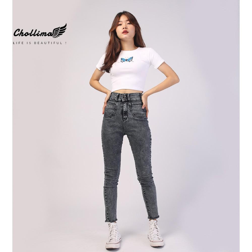 Quần dài jeans nữ co giãn Chollima cạp siêu cao khoét 2 túi màu xám QD006 – quần bò nữ