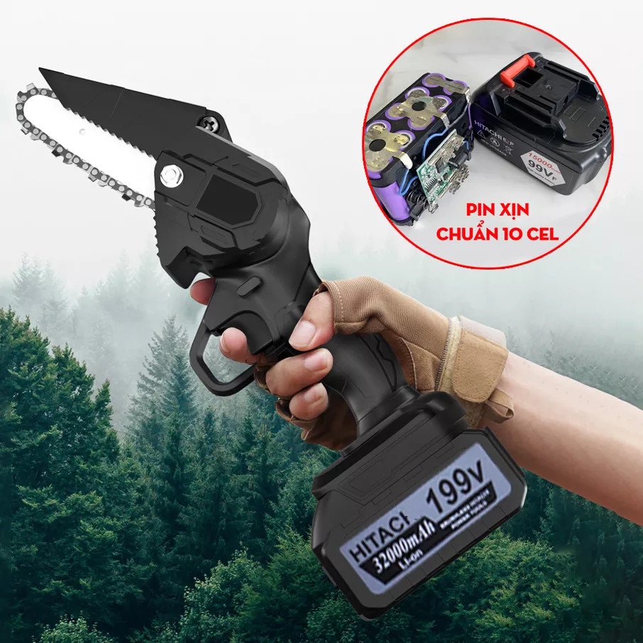 Máy Cưa Pin Chuyên Dụng - Máy Cưa Pin 199V - Cưa Xích Cầm Tay chạy Pin 10 cell Siêu Khỏe