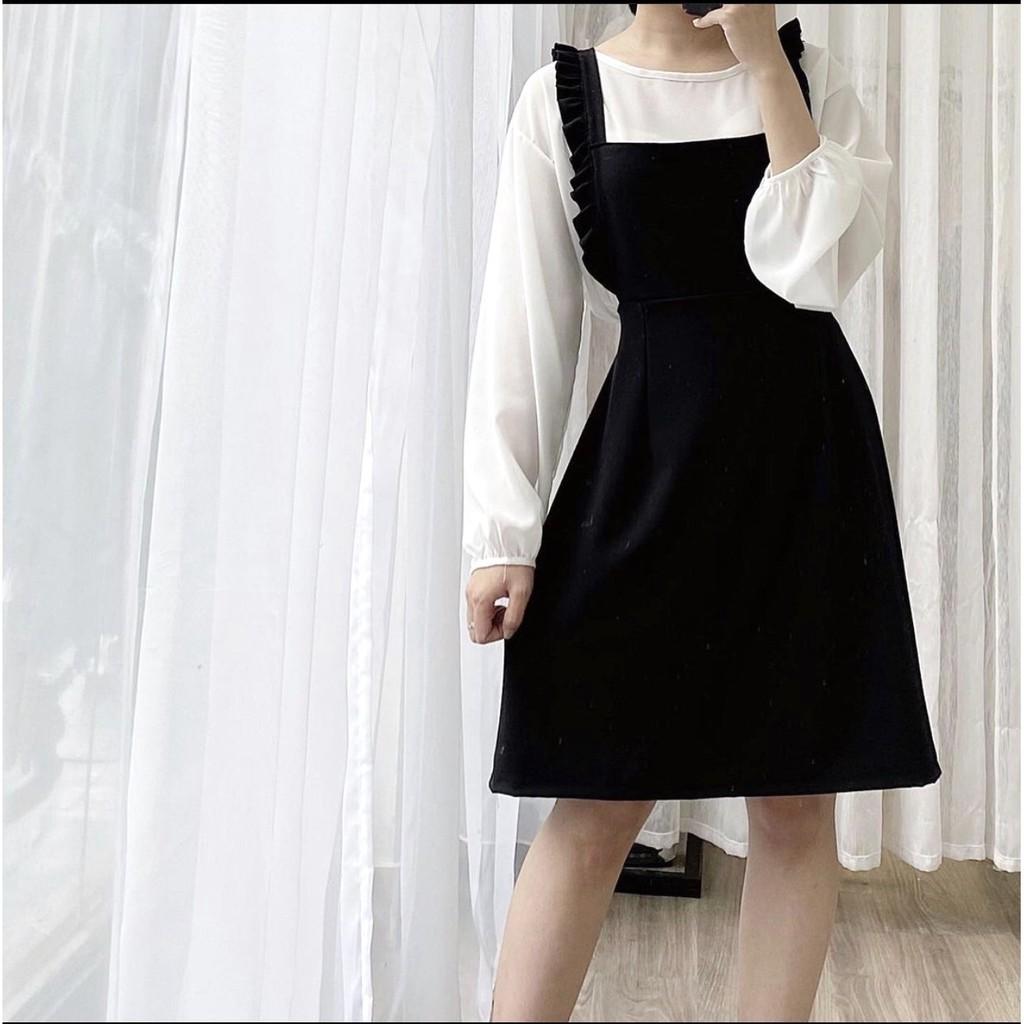 Set váy yếm chun eo kèm áo tay phồng nữ Bộ đồ đầm 2 dây bản to và thun trắng bánh bèo hot girl ulzzang ĐẸP