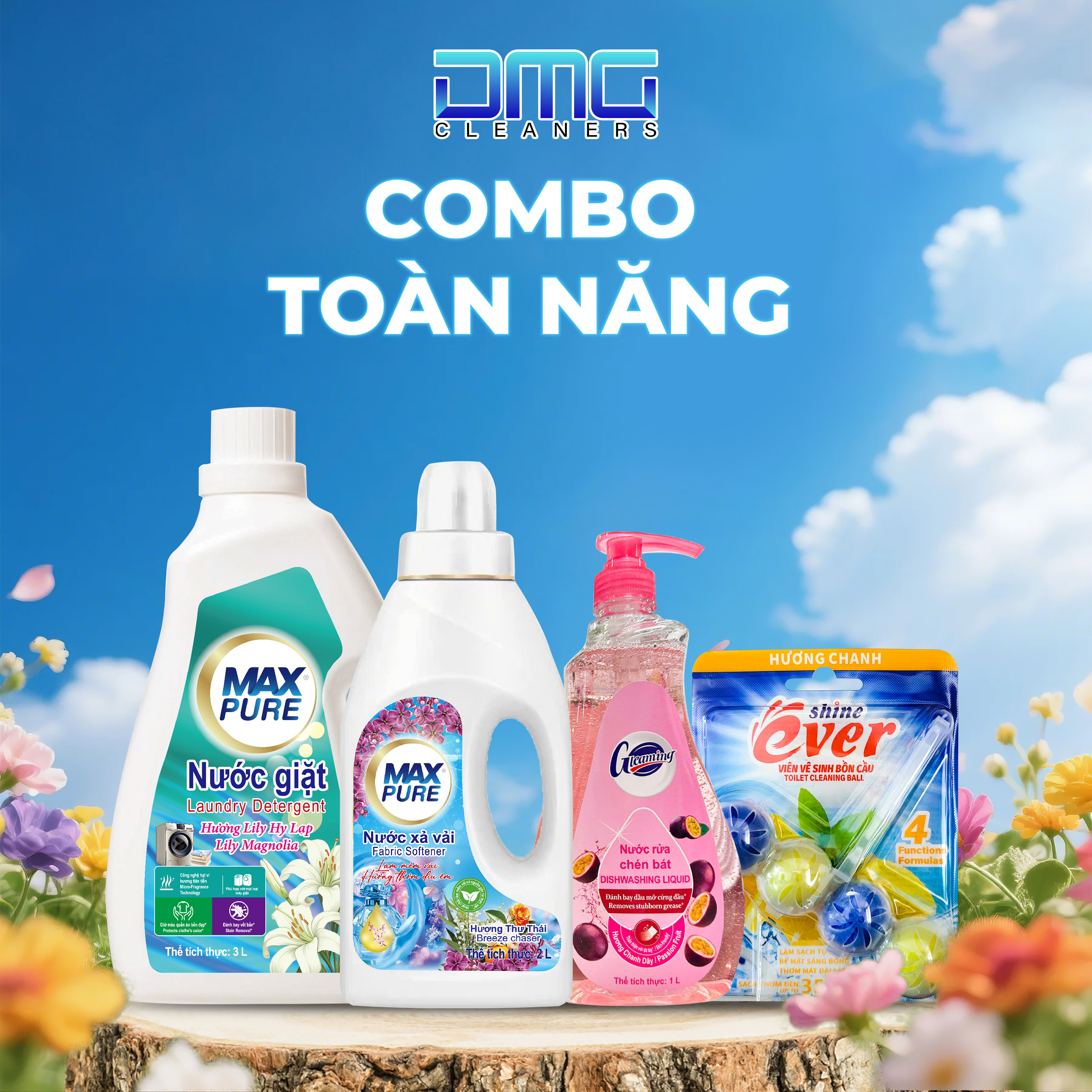 Combo Toàn Năng 4 Món: 1 Chai Nước Giặt Hoa Hồng + 1 Chai Xả Thư Thái + 1 Chai Rửa Chén Chanh Đào + 1 Viên Treo Chanh
