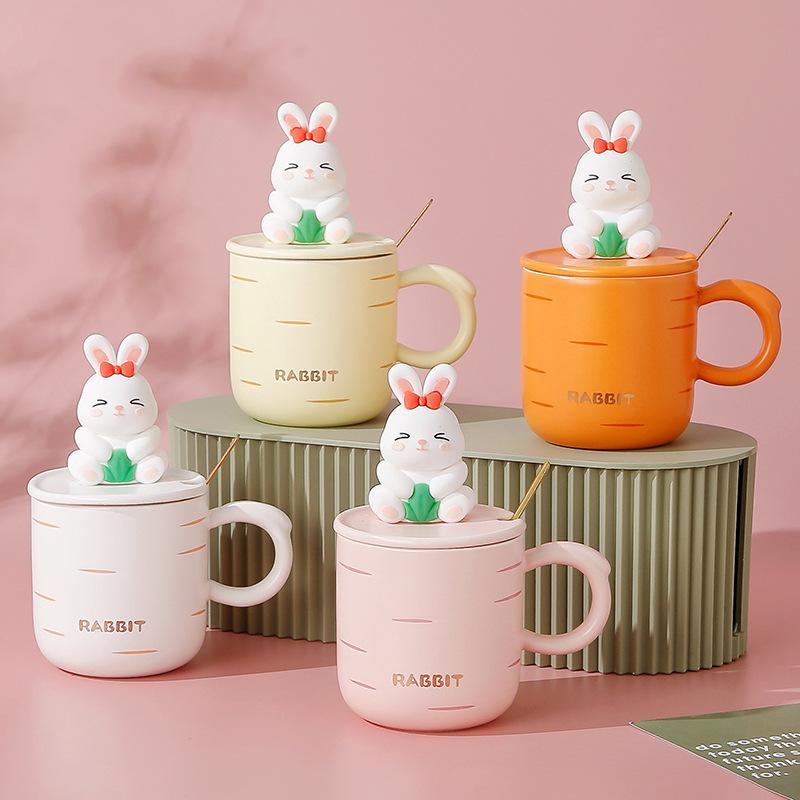 Phong cách mới nhất phim hoạt hình thỏ mềm dễ thương cốc sinh viên cặp vợ chồng sáng tạo cốc gốm văn phòng tại nhà có nắp muỗng ăn sáng cốc sữa