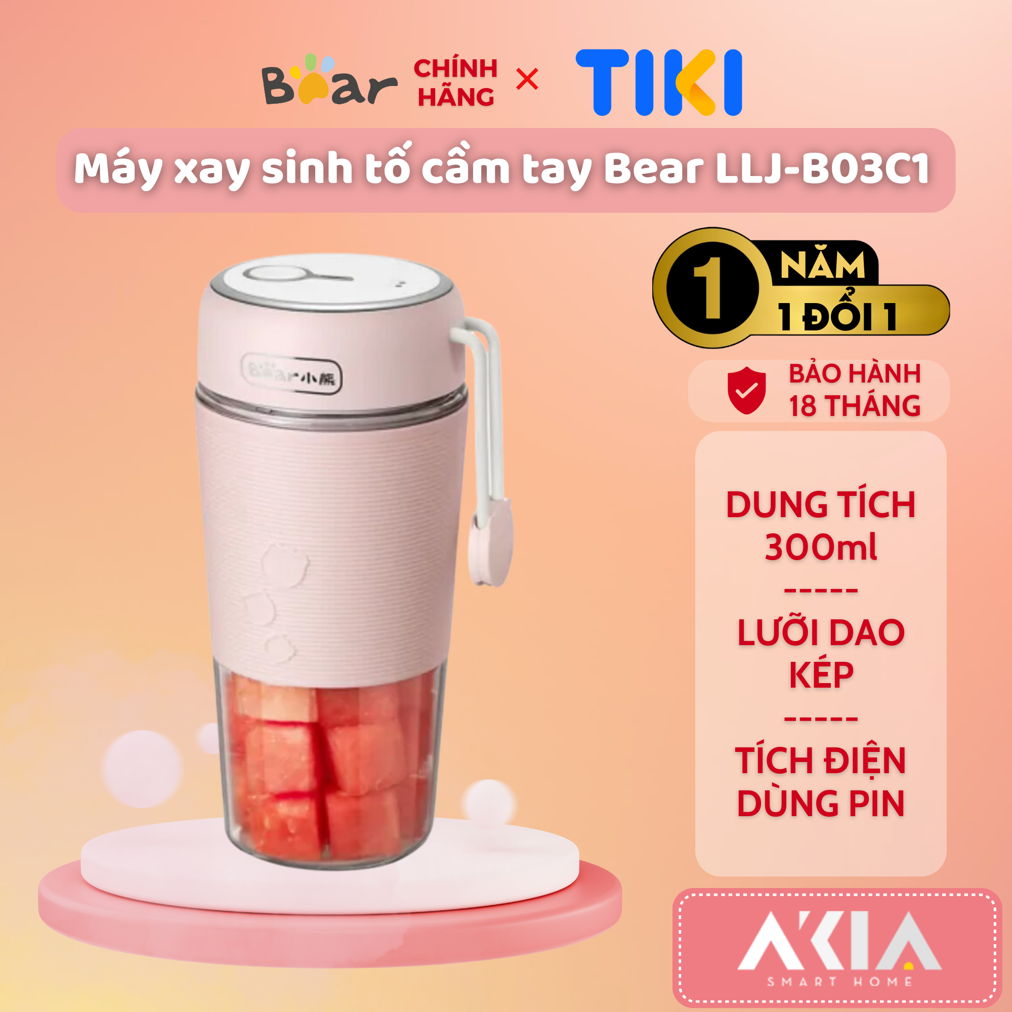 Máy xay sinh tố cầm tay Bear LLJ-B03C1, dung tích 300ml, lưỡi dao kép xay mạnh, dễ mang theo sử dụng - HÀNG CHÍNH HÃNG