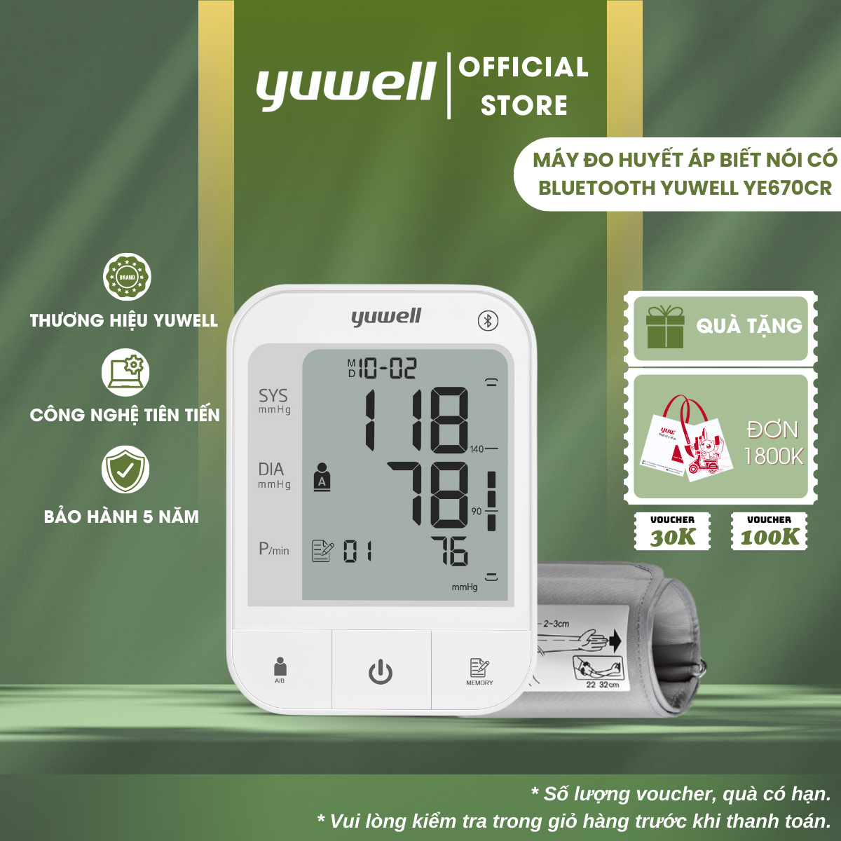 Máy đo huyết áp điện tử bắp tay chính hãng YUWELL YE670CR - Có chức năng Bluetooth - Pin sạc 300 lần đo - Bảo hành 5 năm
