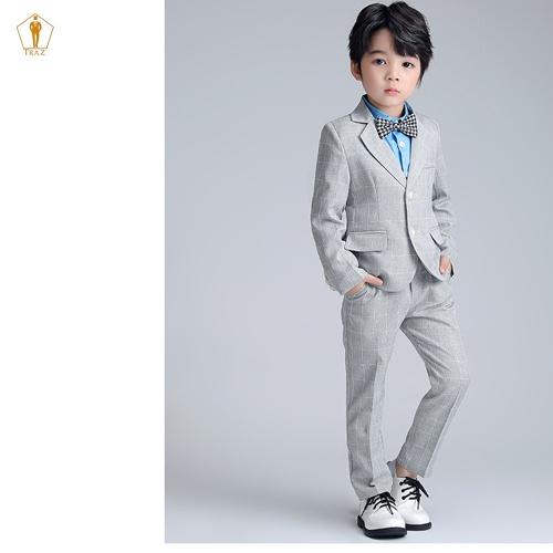 Set bộ vest TRAZ công tử karo màu sáng xám xanh vest đầy tháng thôi nôi bé trai
