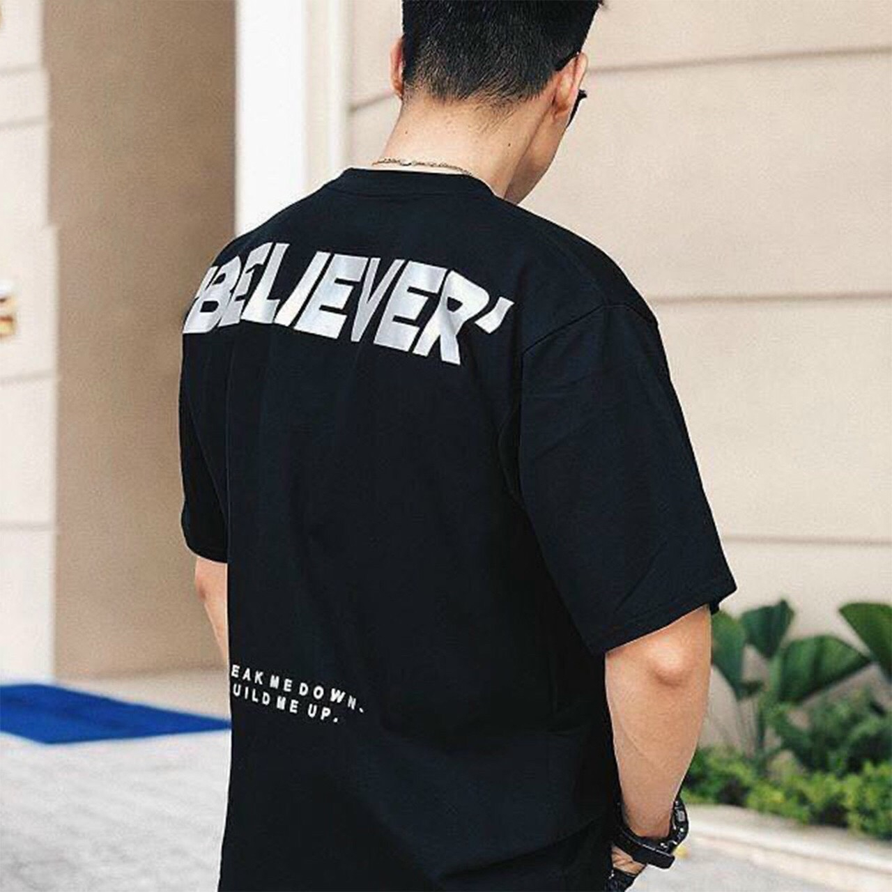 [FREESIZE từ 45-65kg] BELIEVER Áo thun đen nam in dạ quang phản quang trong tối, chụp flash