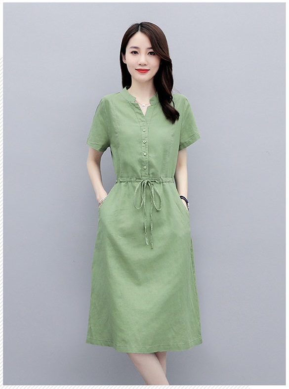 Đầm suông linen tay ngắn tay cổ tàu, chất vải linen tự nhiên mềm mát, thời trang xuân hè Đũi Việt