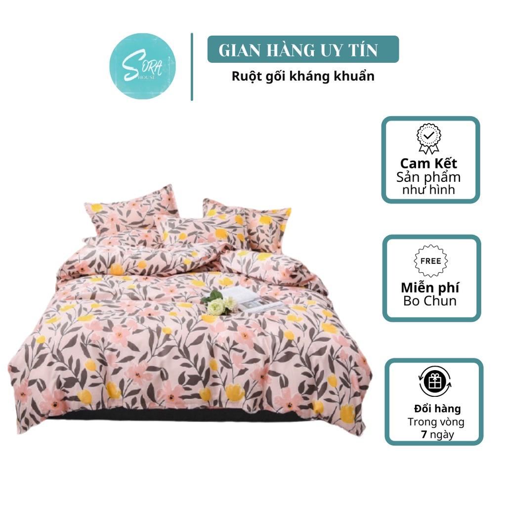 Bộ Chăn Ga Gối Cotton Poly Hoa Lá Hồng