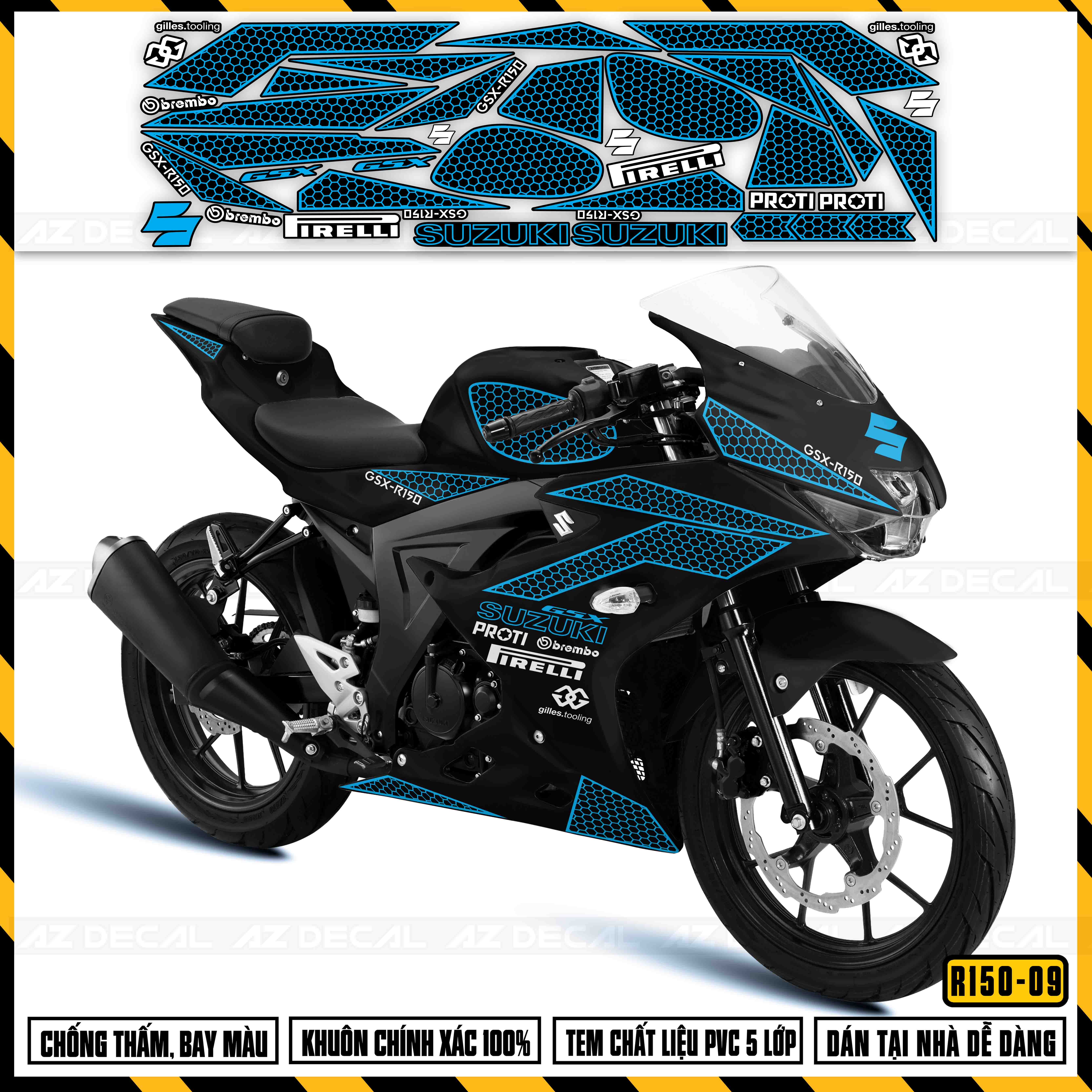 Tem Xe Suzuki GSX R150 Mẫu Matrix | GSX R150-09 | Decal Rời Cắt Khuôn Sẵn, Chống Nước, Dán Xe Sơn Đỏ, Xanh, Đen, Trắng