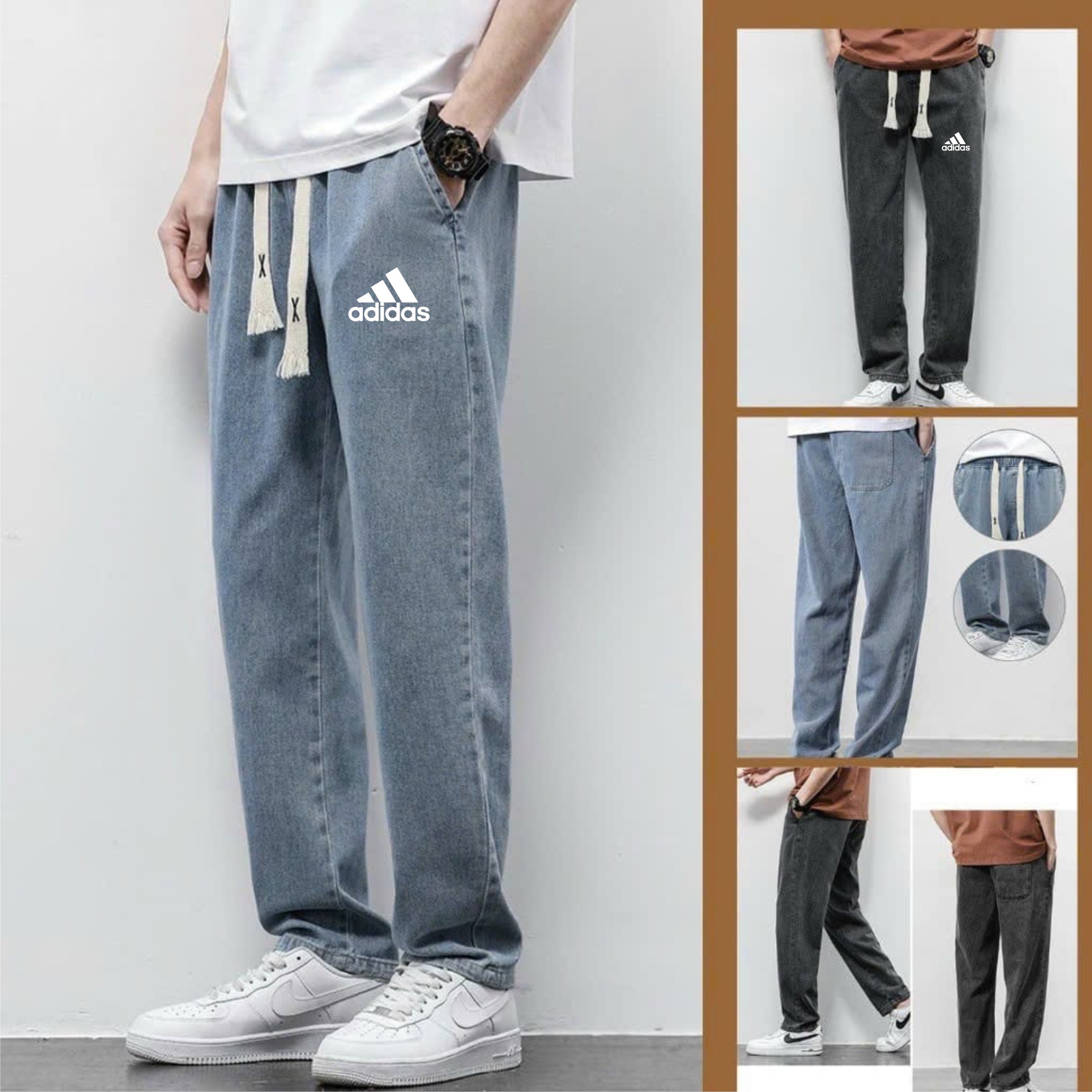 Quần baggy jean nam ống rộng lưng thun in chữ