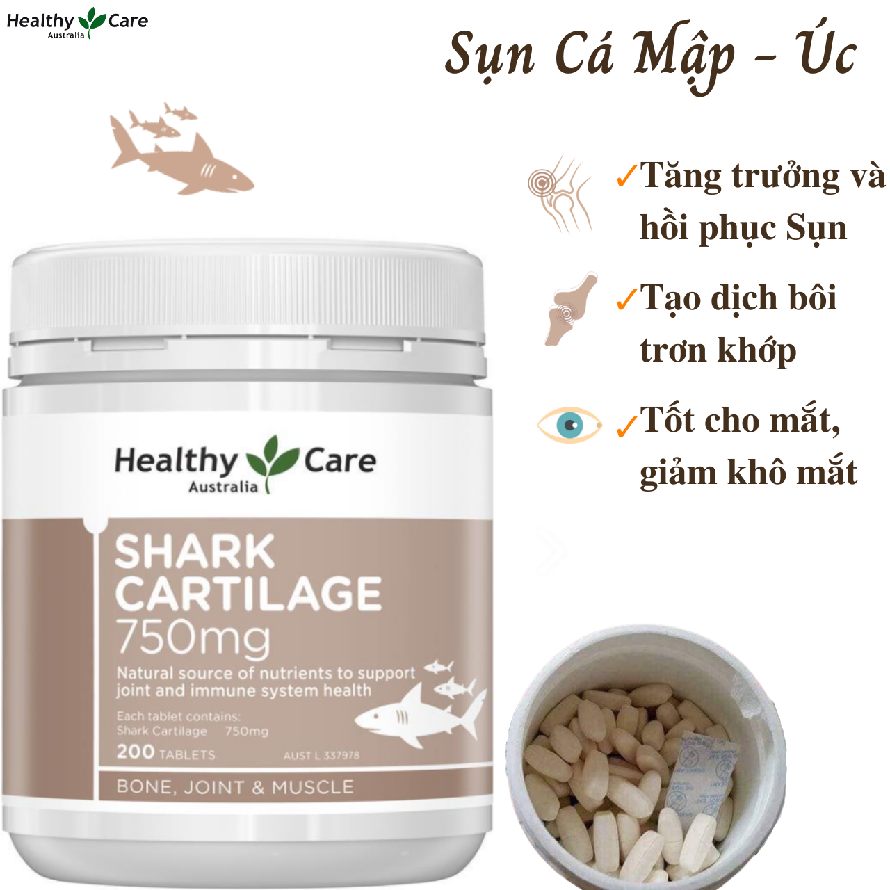 Sụn vi cá mập Úc Healthy Care Shark Cartilage 750mg tăng sức khỏe xương khớp, cơ bấp, tăng chức năng vận động - Massel Official