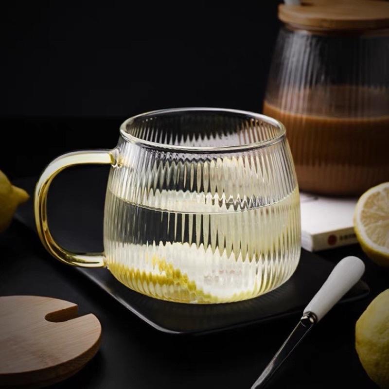 Cốc thủy tinh Vân sọc bầu Quai vàng , Cốc sinh tố, ly trà cafe thủy tinh cao cấp