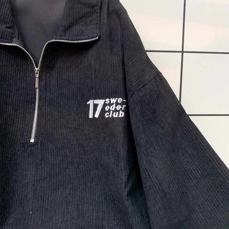 Áo Sweater 17MM Phối Zip Vải Nhung Gân Form Rộng Ulzzang Unisex Nam nữ unisex Áo Sweater có cổ Jaystoree