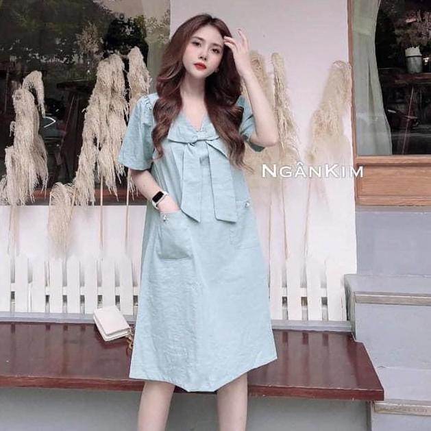 VÁY BẦU ĐẸP-đầm suông a thời trang mặc bầu và thời trang-thiết kế cổ nơ điệu đà