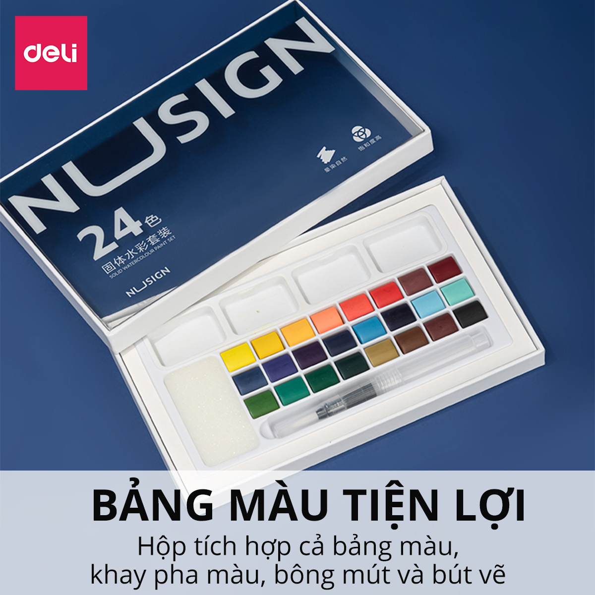 Màu Nước Dạng Nén Cao Cấp 24 Màu Nusign - Kèm Bút Vẽ, Bông Mút Chuyên Nghiệp, Màu bền, đậm, Dễ Loang Màu