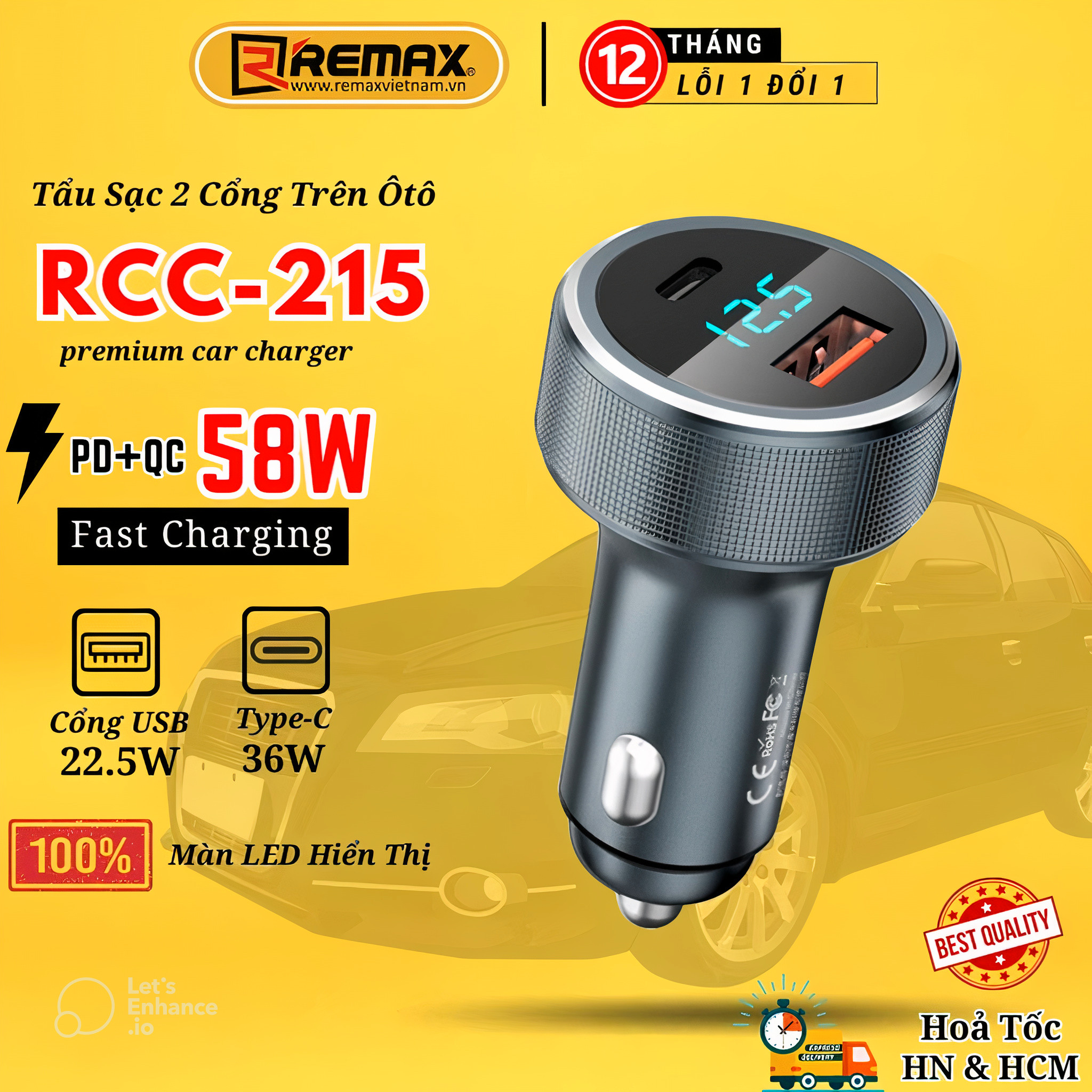 Củ sạc nhanh oto 2 cổng 58.5W Remax RCC-215 -Tẩu sạc ô tô 2 cổng Type c và USB - Hàng Chính Hãng Remax
