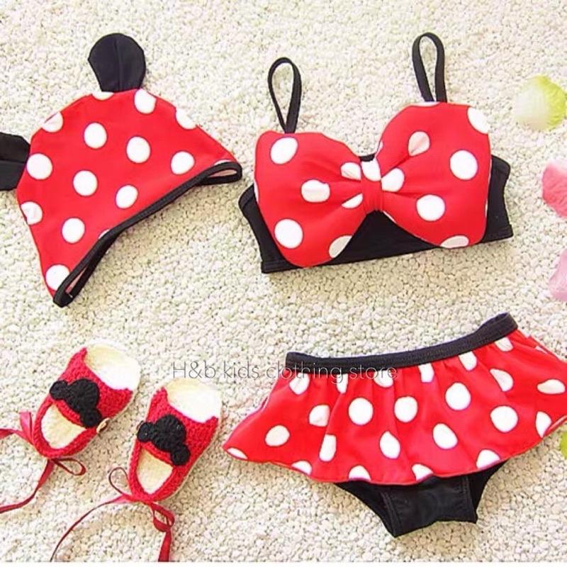 B2860 Set bikini 3 chi tiết cho bé gái gồm mũ, áo, quần váy