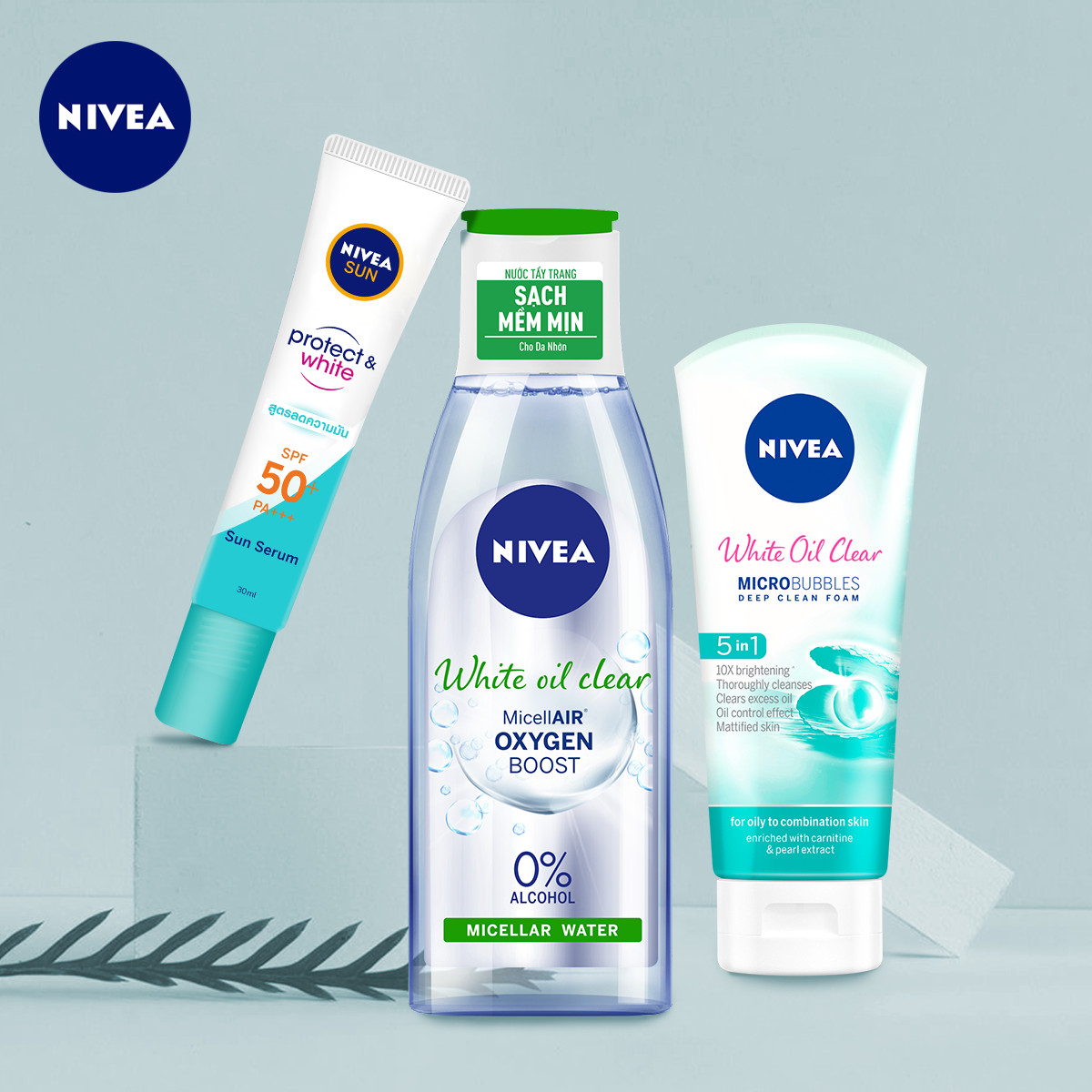 Bộ 3 Tinh Chất Chống Nắng NIVEA Dưỡng Trắng &amp; Kiểm Soát Dầu SPF50+ PA+++ (30ml) - 86060 &amp; Nước Tẩy Trang NIVEA White Oil Clear Kiểm Soát Nhờn Micellar Water (200ml) - 86609 &amp; Sữa rửa mặt NIVEA White Oil Clear giúp trắng da sạch nhờn (100g) - 84951