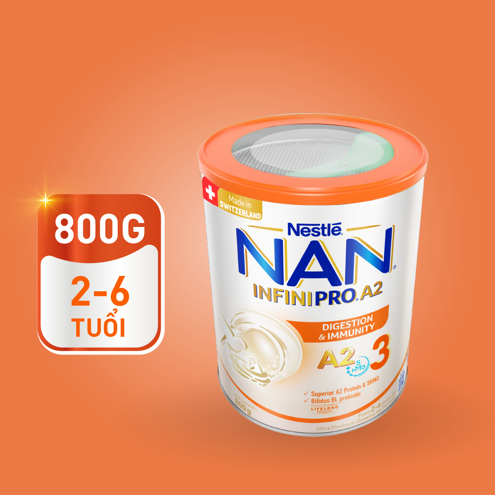Bộ 2 Lon Sữa bột NAN  INFINIPRO A2 800g Thụy Sĩ 3 với đạm quý A2 tiêu hóa tốt sau 7 ngày và 5HMO tăng cường đề kháng (2 - 6 tuổi)