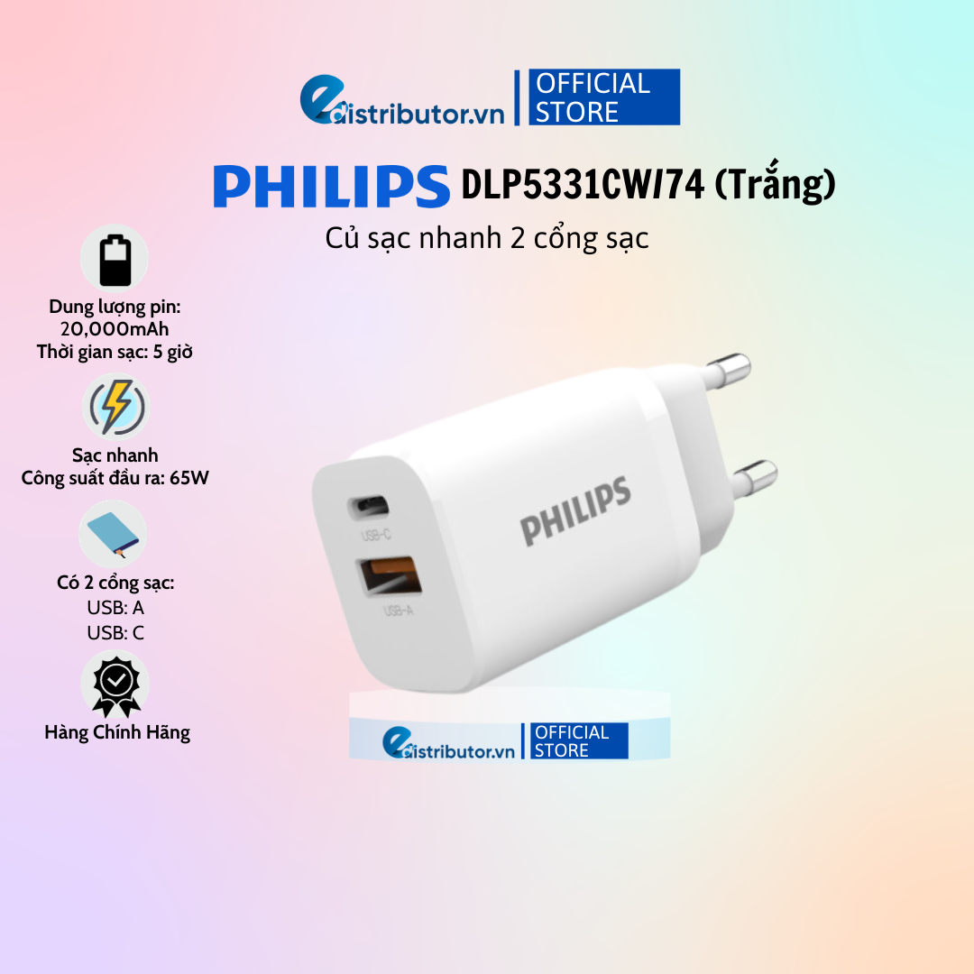 Củ sạc nhanh Philips 2 cổng sạc DLP5331CW/74 - DLP5331CB/74 - Hàng Chính Hãng