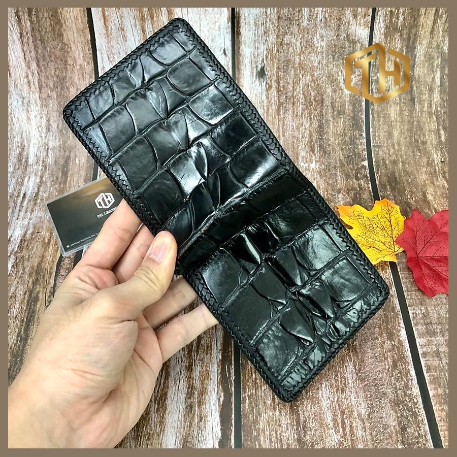Bóp Nam Da Cá Sấu Thật Đan Viền Thủ Công Kiểu Dáng Ngang