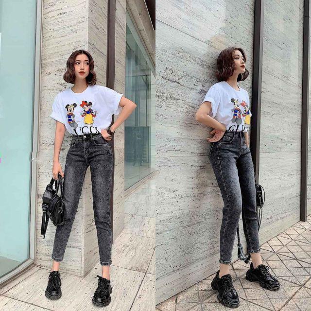 Quần Jeans Nữ Baggy Xước Thêu Túi Lưng Cao